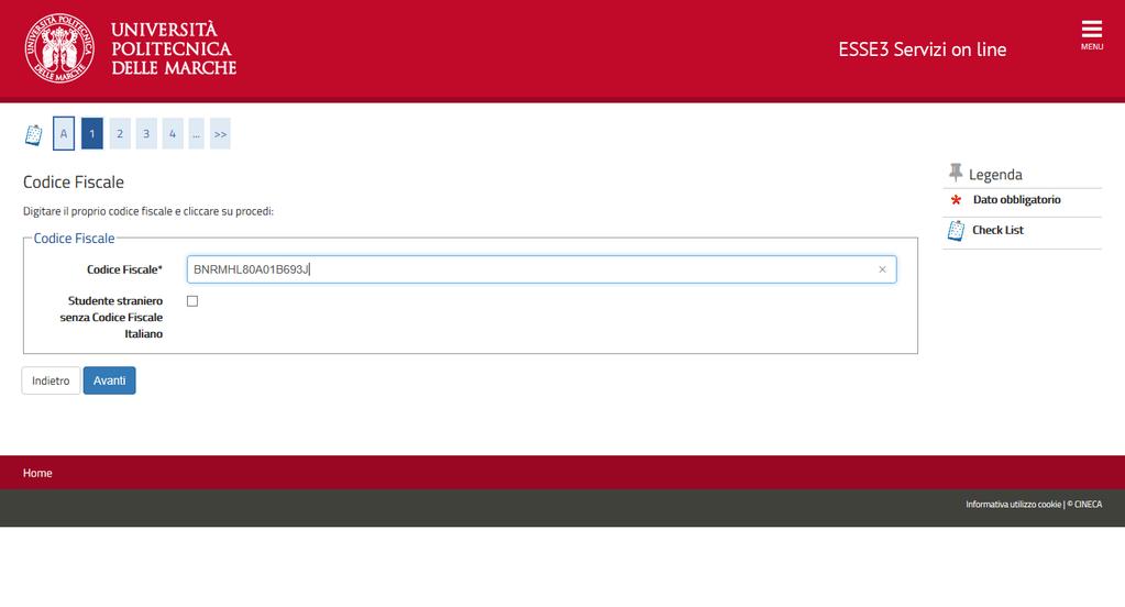 INSERIRE IL PROPRIO CODICE FISCALE E CLICCARE SU AVANTI SE SEI STUDENTE STRANIERO