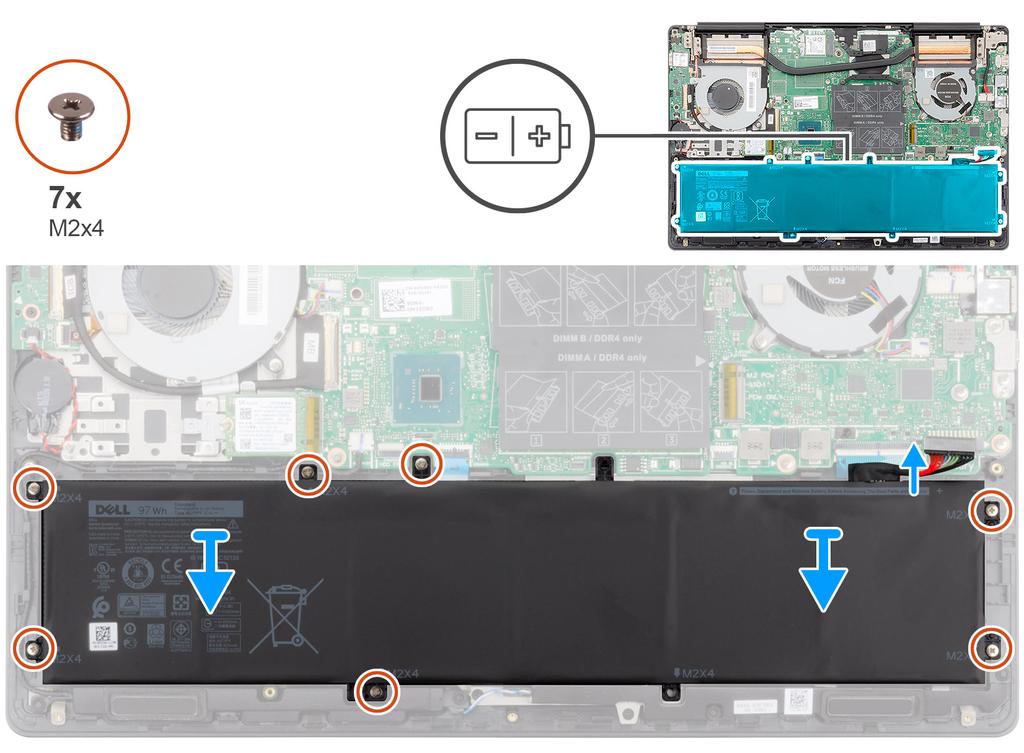 1. Posizionare la batteria sul gruppo del supporto per i polsi e tastiera e allineare i fori per le viti sulla batteria ai fori per le viti sul gruppo del supporto per i polsi e tastiera. 2.