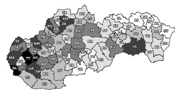 Investimenti esteri sono destinati sopratutto ai regioni della Slovacchia occidentale e la cittá di Košice, il nord-est ed il sud della Slovacchia centrale rimangono dietro Investimenti diretti