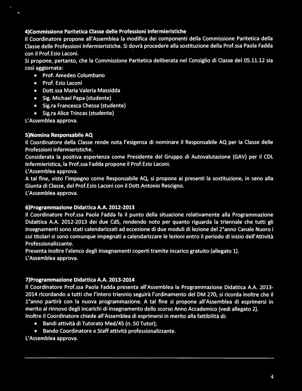 Si propone, pertanto, che la Commissione Paritetica deliberata nel Consiglio di Classe del 05.11.1 sia così aggiornata: Prof. Amedeo Columbano Prof. Ezio Laconi Dott.ssa Maria Valeria Massidda Sig.