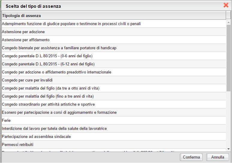 Operata la scelta sul tipo di assenza e confermata cliccando sul tasto, il sistema propone il Dettaglio Richiesta differenziato per tipo di assenza, in cui indicare tutti i dati necessari, quali la