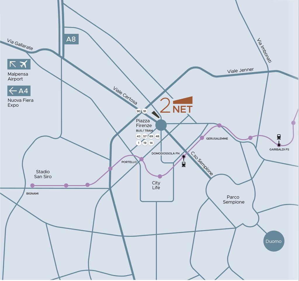 La capillare rete di superficie include i bus 43, 48, 57, 69 e i tram 1, 14, 19.