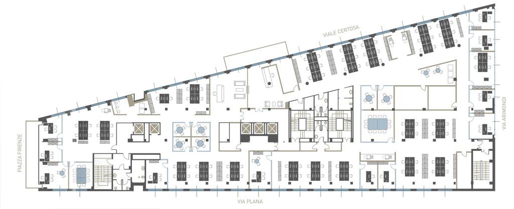 CARATTERISTICHE TECNICHE pavimento galleggiante controsoffitto con corpi illuminanti integrati impianto di condizionamento 4 tubi pareti mobili vetrate, in legno o in cartongesso in gran parte degli