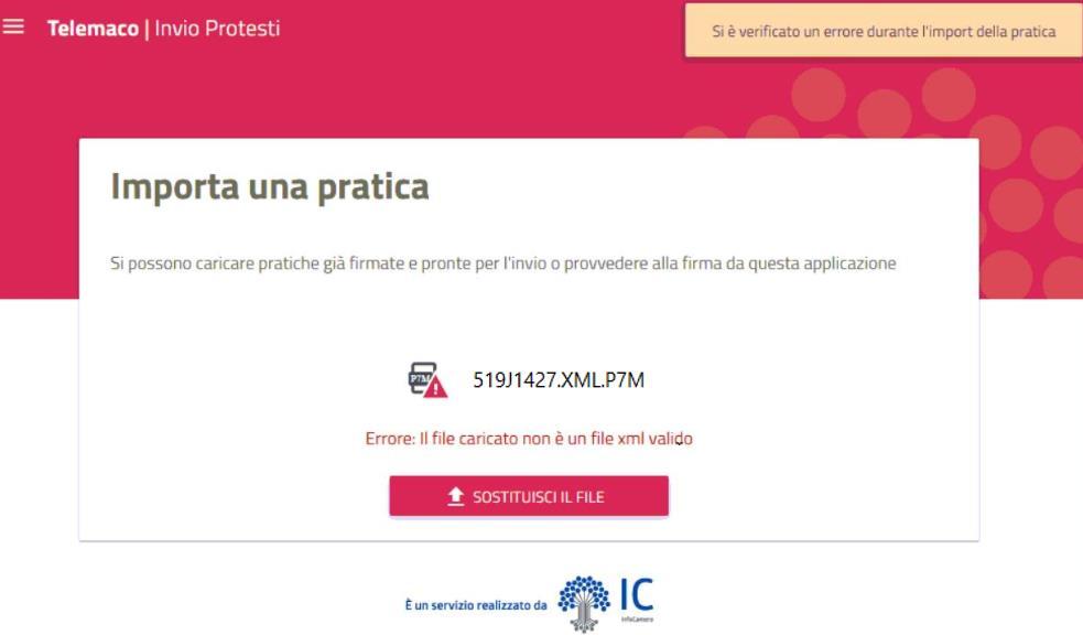 Pagina 9 Clic su Importa la Pratica 9 Nel caso il file trasmesso contenga degli errori bloccanti, a video appaiono gli appositi avvisi: In tal caso è necessario