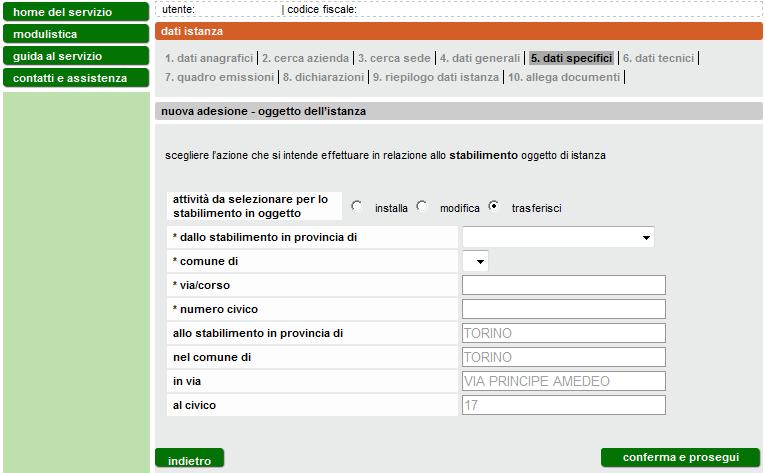 Figura 15 I dati della nuova sede sono precompilati in base alla sede precedentemente selezionata dall