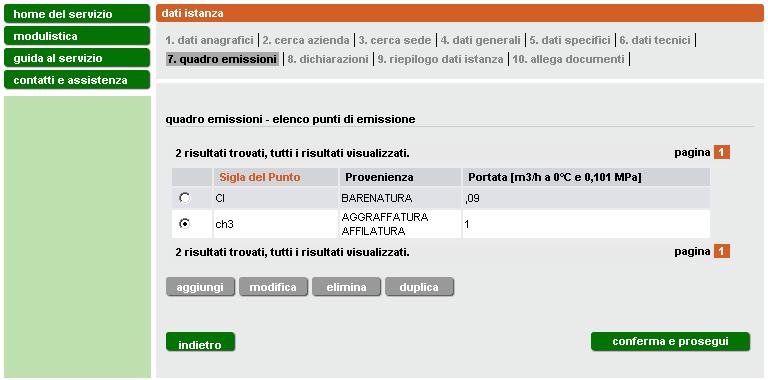 Figura 28 A questo punto è possibile aggiungere un nuovo punto di emissione oppure, selezionarne uno presente in elenco per modificarlo, eliminarlo o duplicarlo.