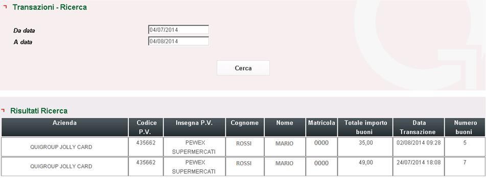 Transazioni Questa funzionalità permette di verificare l estratto conto dei buoni utilizzati, ovvero le transazioni effettuate presso i punti vendita convenzionati.