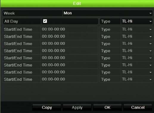 Capitolo 12: Registrazione Definizione di una pianificazione nel menu Modif. Per configurare una pianificazione della registrazione giornaliera: 1.