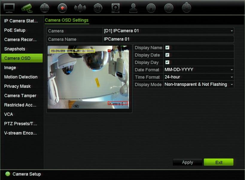 Capitolo 10: Configurazione della telecamera Per configurare le impostazioni OSD: 1. Dalla barra degli strumenti del menu, cliccare su Configurazione telecamera > OSD telecamera. 2.