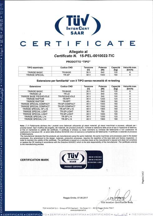 following certifications: TÜV Qualità del prodotto /