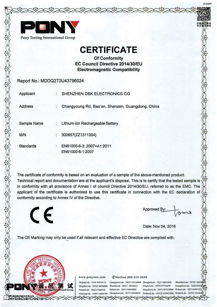 Certificazione batterie Triride / Triride batteries Certification Certificazione CE per tutte le