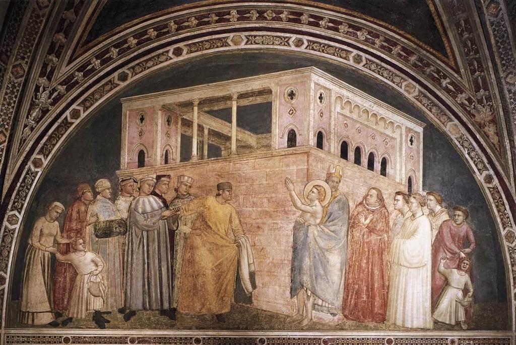 Giotto, Rinuncia dei beni, Cappella Bardi, Santa croce, Firenze I personaggi appaiono disposti come nella scena di Assisi, ma dall'espressività ormai molto più matura, con Francesco in preghiera