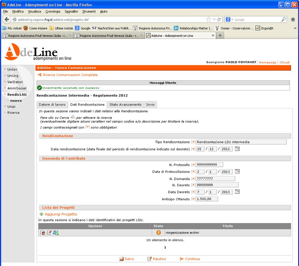 Dati progetto, finale - Selezionare i posti di lavoro per progetto LSU Rendicontazione Finale Compilazione on-line nel