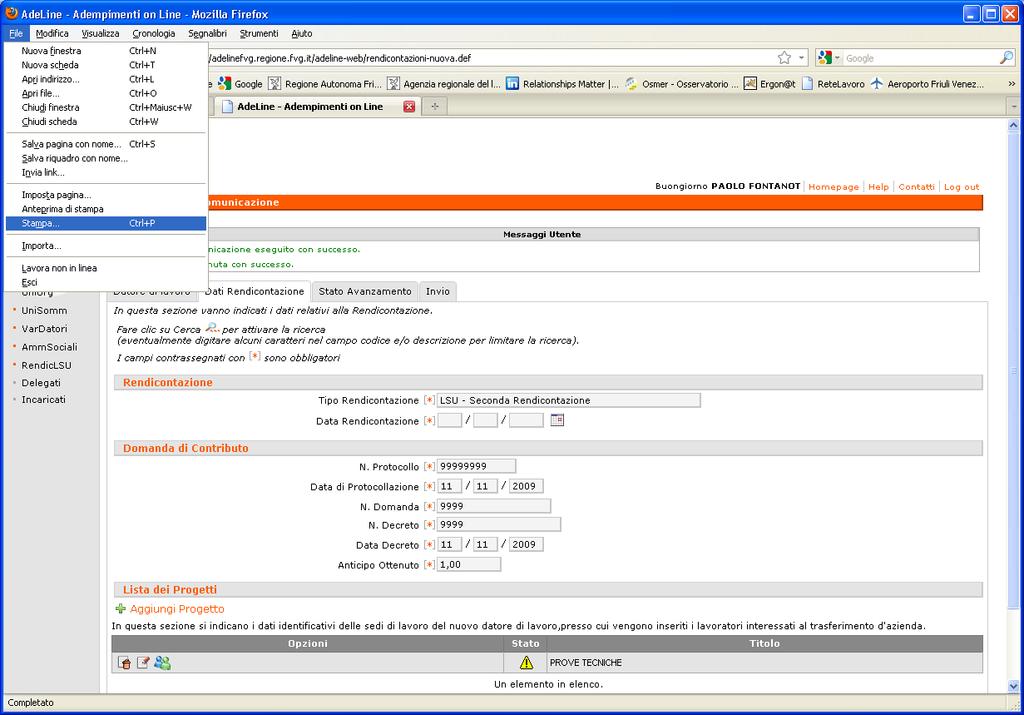 Stampa delle videate 1. E possibile in ogni momento stampare le singole videate dal menu /File/Stampa 2.