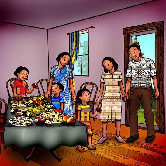La settimana seguente, Anita invitò Simbegwire a casa, insieme a sua zia e i suoi cugini, per una cena. Che festa! Anita preparò tutte le pietanze preferite di Simbegwire e tutti mangiarono a sazietà.