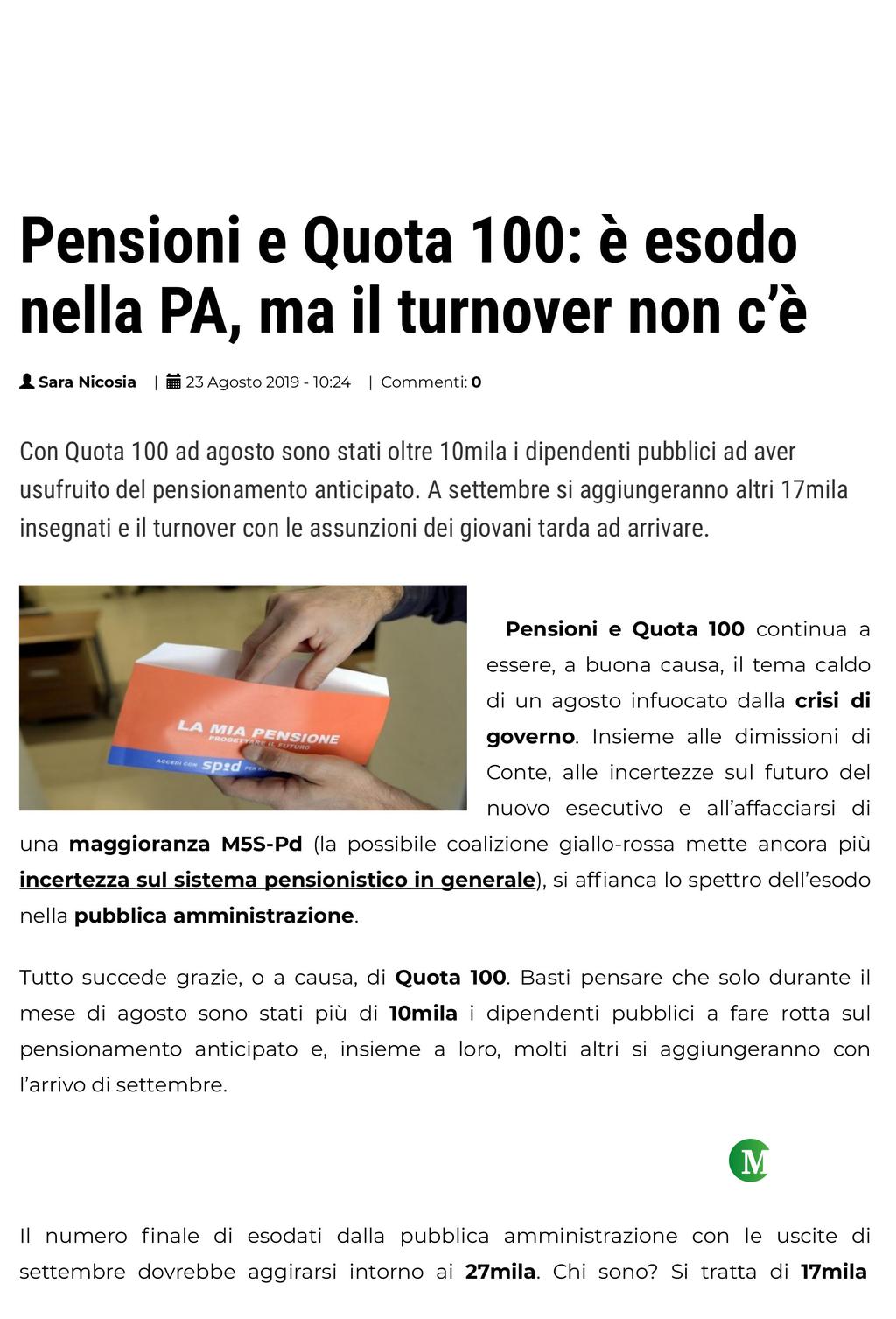 Pensioni e Quota 100: è esodo nella PA, ma il turnover non c'è https://www.