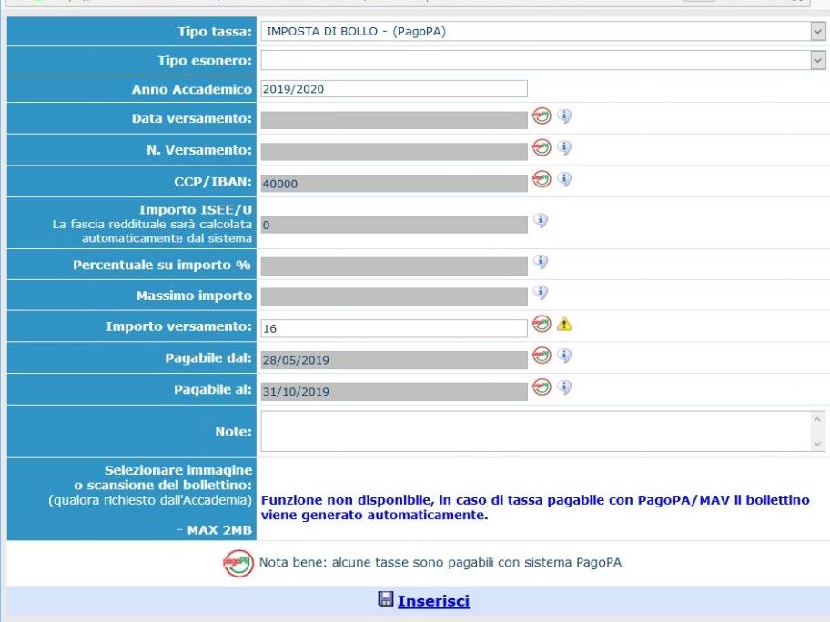 Imposta di bollo: 16,00 Contributo onnicomprensivo annuale: da determinare in base al valore dell indicatore ISEE, come riportato nel Regolamento dell Accademia di Belle Arti dell