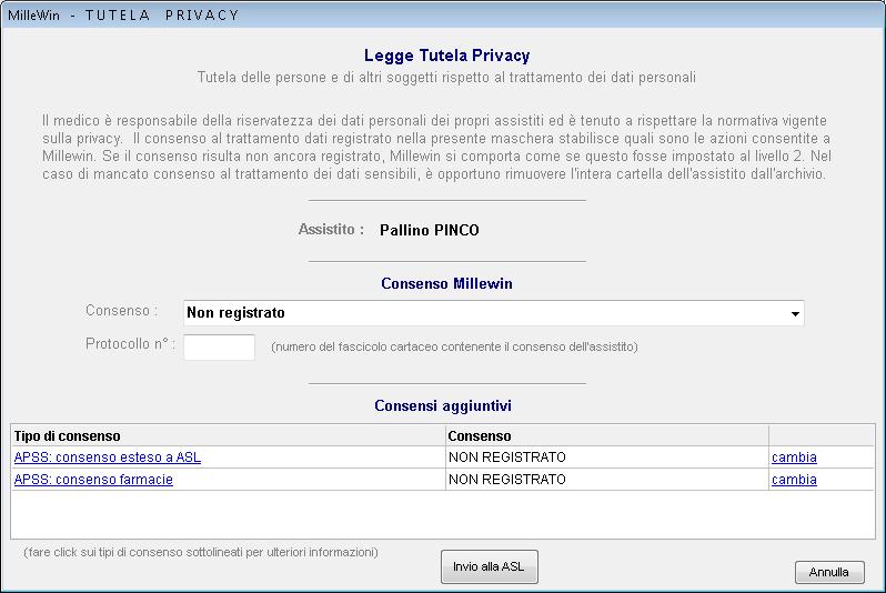 Consente di registrare il Consenso Informatico del paziente per : Privacy Millewin : cliccare sul menù a tendina del Consenso e scegliere l'opzione interessata.