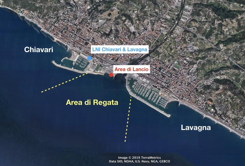 Si evidenziano la posizione dell Area di Lancio, dalla quale verranno varati ad alati i kite, e la sede della Sezione di Chiavari & Lavagna della LNI.