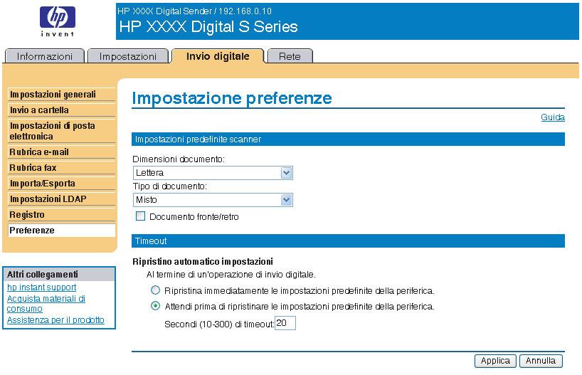 Impostazione preferenze La schermata Impostazione preferenze consente di configurare le impostazioni generali per le funzioni di invio digitale.