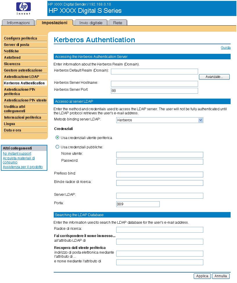 Figura 3-12 Schermata Autenticazione Kerberos Tabella 3-9 Autenticazione Kerberos Richiamo Area della schermata Informazioni o funzioni incluse nell'area 1 Schede e menu del server Web incorporato HP