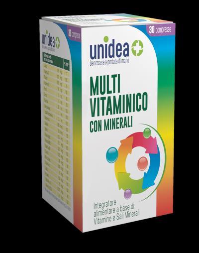 Multivitaminico con Minerali 30 cpr - 974010009 Multivitaminico con Minerali UNIDEA è un integratore alimentare di vitamine e sali minerali utile per ottimizzare gli apporti nutrizionali di tali