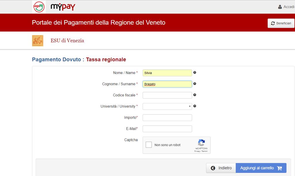 Scegliere il pagamento da effettuare verso ESU Venezia dall elenco Altre Tipologie di pagamento.
