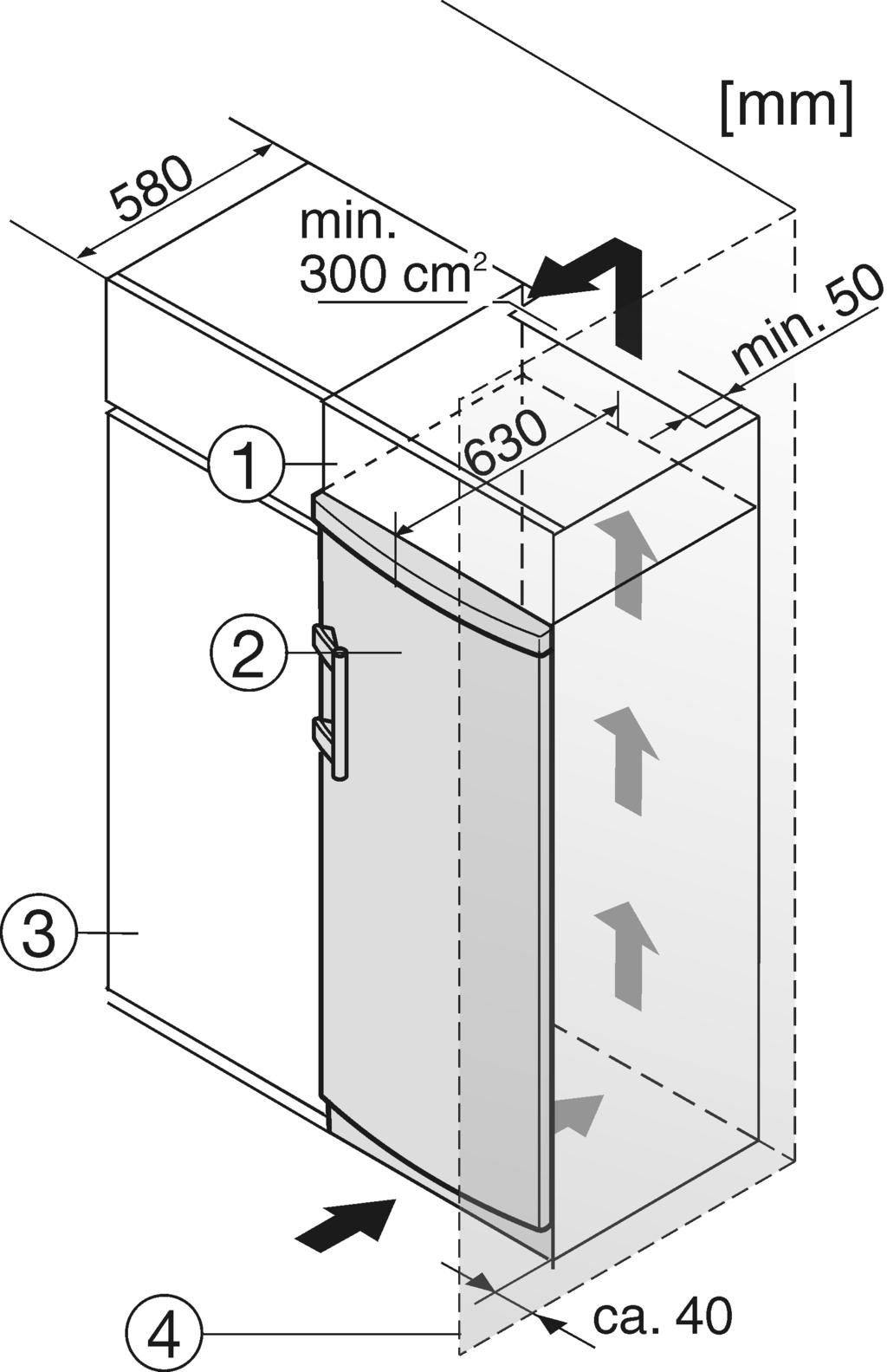 Nell incasso con mobili da cucina (profondità max. 580 mm) l apparecchio può essere installato direttamente accanto al mobile da cucina Fig. 6 (3).