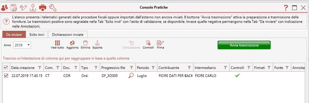 CONSOLPRATICHE Il prodotto Console Pratiche è richiamabile sia al termine della generazione di ogni file telematico, sia dalla voce di menu Console Com.