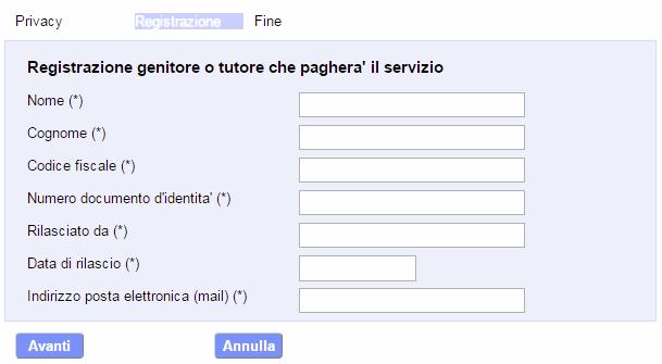 - Inserire i dati richiesti del genitore-pagante che richiede il servizio. - Cliccare su avanti.