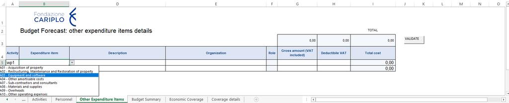 Compilazione template piano economico sheet Other Expenditure items Quando previsto, utilizzare gli appositi menù a tendina. NB.