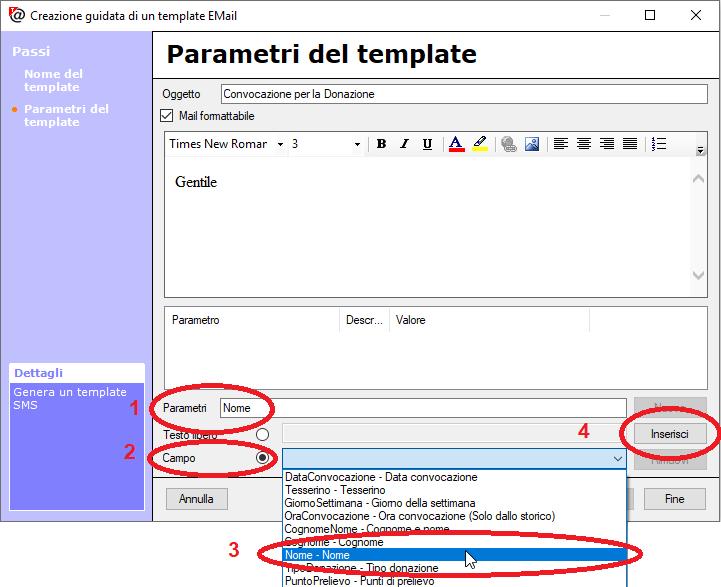 Con il tasto Avanti si va nella finestra successiva per l inserimento del messaggio vero e proprio da inviare al donatore.