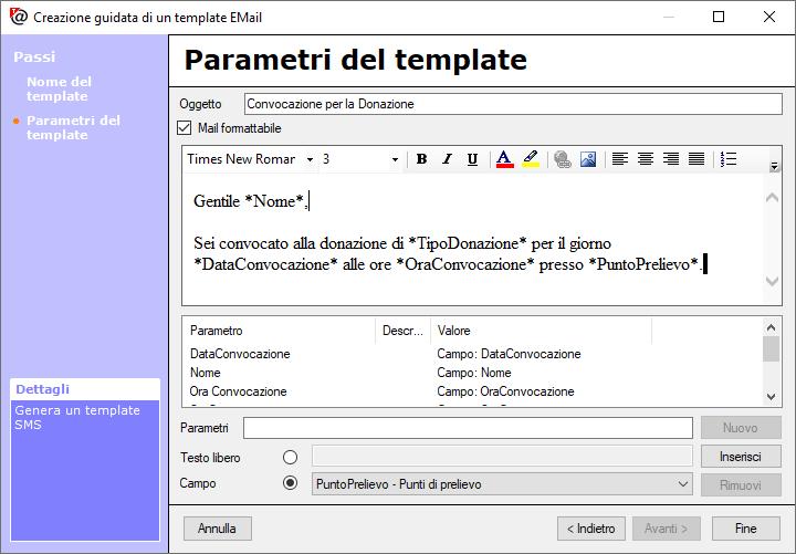 Una volta inseriti i parametri richiesti per la mail, il risultato sarà cosi: I parametri sono stati inseriti correttamente se sono tra gli asterischi (*Parametro*) e hanno il campo Valore con il