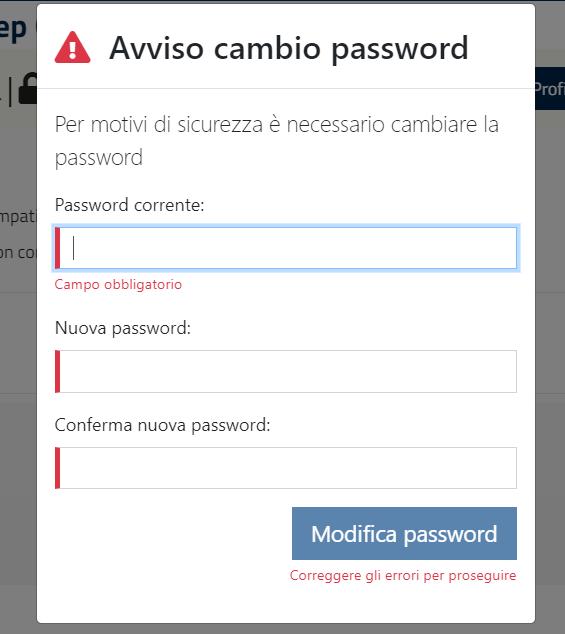 Fig. 11 Avviso Cambio Password 5 COMPILAZIONE DELLA DOMANDA Una volta entrati nel sistema come utente registrato sarà possibile: accedere alla propria area utente attraverso il