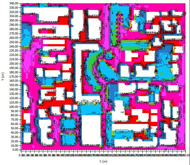 2013 - ORE 11:00 La mappa ex ante evidenzia valori medi maggiori di 1,10 m/s brezza leggera, con turbolenze localizzate e fenomeni di effetto Venturi, nella piazza centrale.