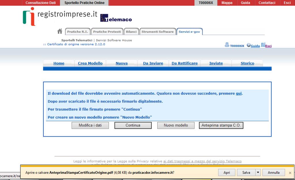 CERT O predisposizione Pratica è possibile scaricare e visualizzare, prima della firma,