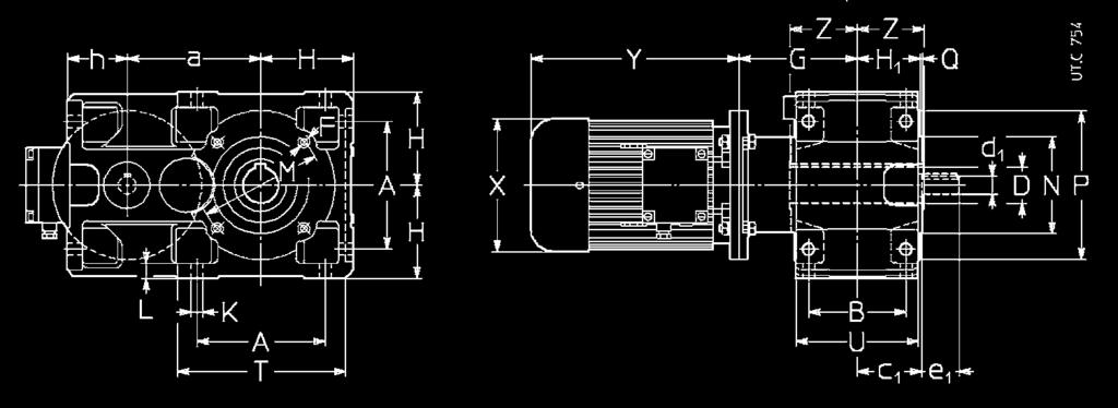 18) for verification of radial load. Grandezza a A B c 1 D d 1 e 1 F G H H 1 h K L M N P Q T U Z P 1 X Y Y 2 W W 1 W 2 Massa Size Ø Ø Ø Ø Ø Ø Ø Ø Mass rid. motore H7 h11 h11 h6 kg red.