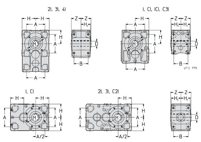 2 - Caratteristiche 2 - Specifications Fissaggio universale «simmetrico»: idoneità al montaggio orizzontale o verticale Carcassa monolitica di ghisa rigida e precisa; elevata capienza d olio Albero