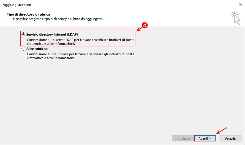 Pag. 9 di 11 Cliccare su Servizio directory Internet (LDAP)- e quindi su Avanti- Nella casella Nome server- digitare il nome del server ldap.pelconsip.aruba.