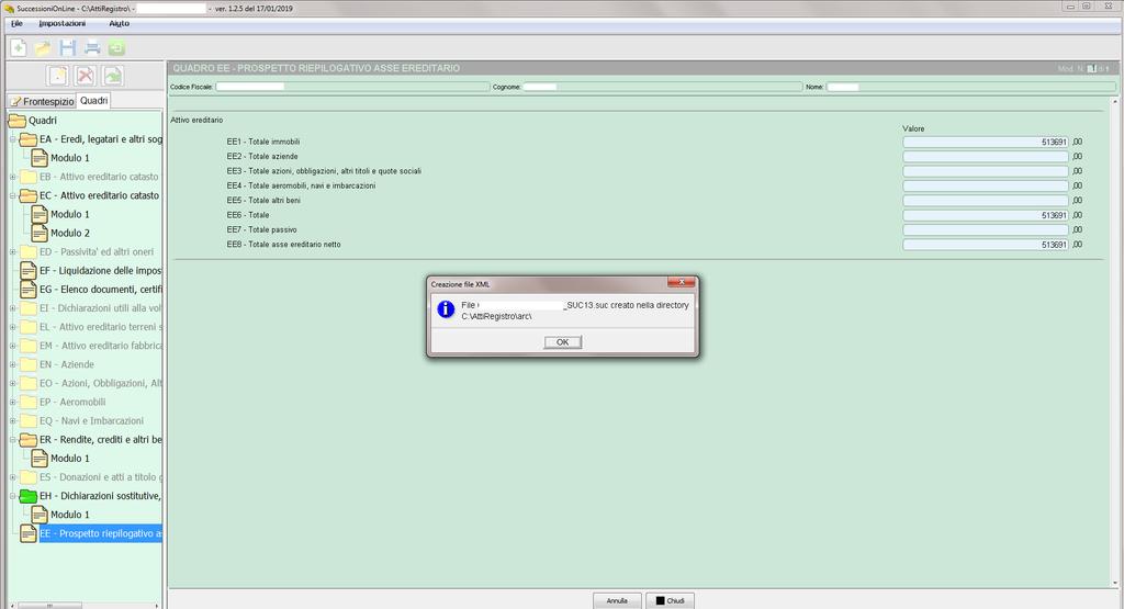 Quadro EE prospetto riepilogativo asse ereditario Creazione del file da