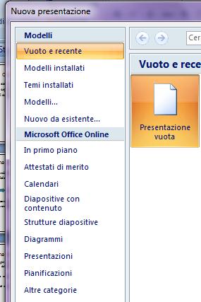 Nuova presentazione(1) Finestra per la creazione di una nuova presentazione 8 L opzione