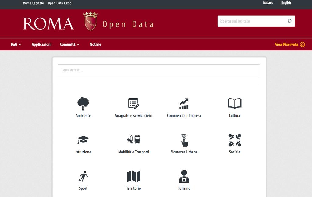 Open Data 198 dataset pubblicati al momento su 11 aree tematiche Rete di referenti open data già attivata presso tutte le strutture di Roma Capitale per aumentare la
