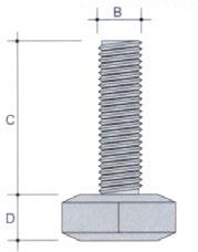 _ Piedino di regolazione con base esagonale Misure: (08) A=M8 B=25 mm. C=8 mm. D=25 mm.