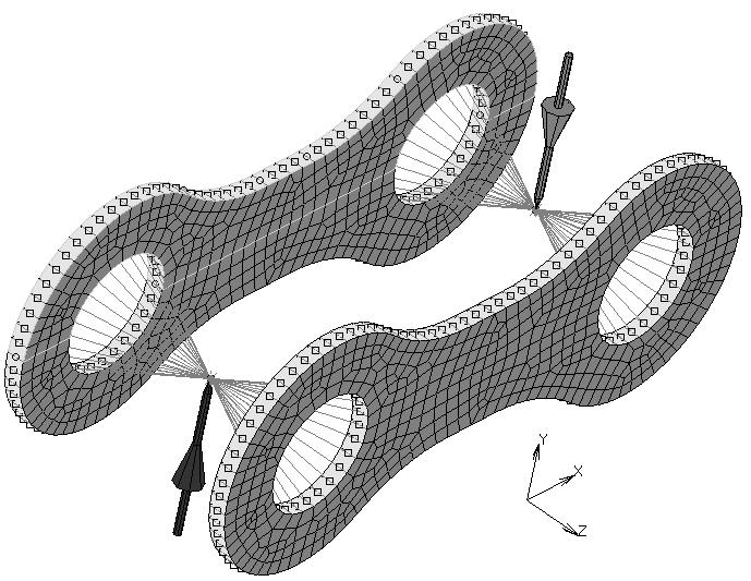 Impostazione di un semplice modello FEM {$$$$$$$$} Considerare la maglia di catena in figura, i cui perni sono modellati come elementi rigidi tipo RBE2 (nodi di controllo A,B), e le cui piastrine
