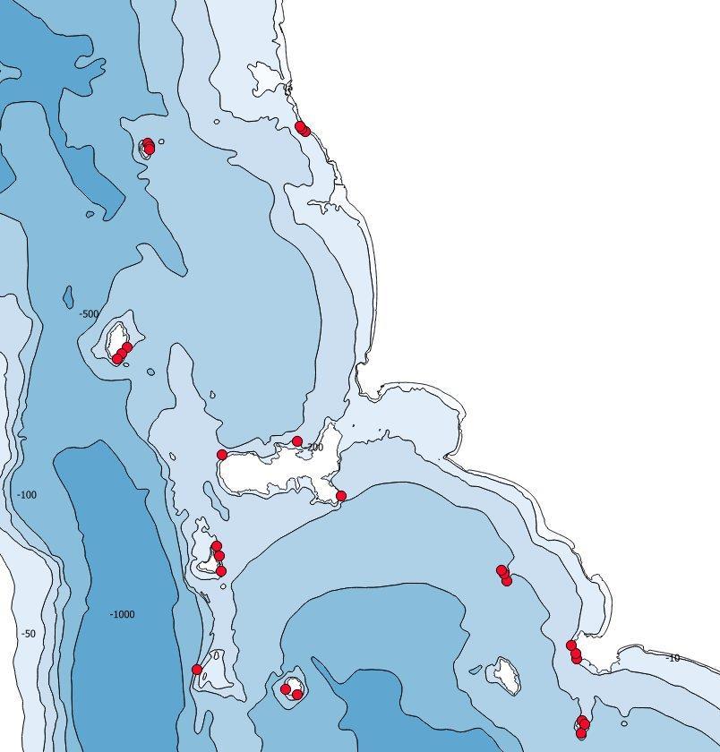 AREE DI INDAGINE 2015/2017 REGIONE TOSCANA MODULO 7 In ROSSO i PUNTI DI IMMERSIONE dove i subacquei hanno effettuato i campionamenti fino alla profondità di 40m seguendo le BUONE PRASSI indicate da