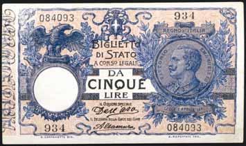 1431 Vittorio Emanuele III (1900-1943) 5 Lire 21/01/1911 - Serie 934 - Alfa 52; Lireuro 12B RR - Dell Ara/Altamura - Biglietto lavato SPL 130 1432 5 Lire 17/06/1915 - Serie