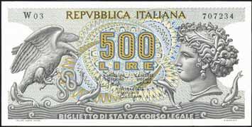 1447500 Lire - Aretusa 20/06/1966 - Alfa 550sp; lireuro 25Aa R - Sostitutiva W02 - Leggere pieghe stirate BB+ 95 1448 500 Lire - Aretusa 20/10/1967