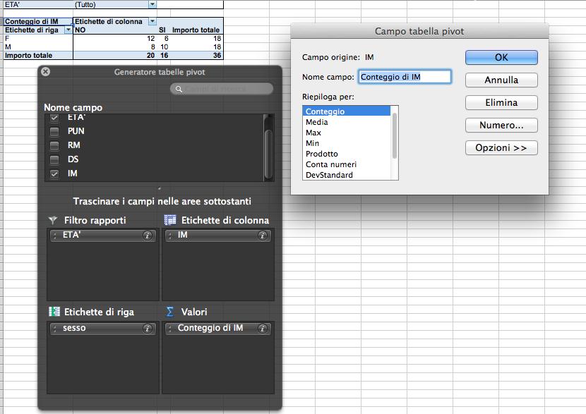 Si selezionano nel riquadro Elenco campi tabella pivot i campi da inserire nella tabella: Età (Filtro rapporti), Sesso (Etichette di riga), Insanità Mentale IM
