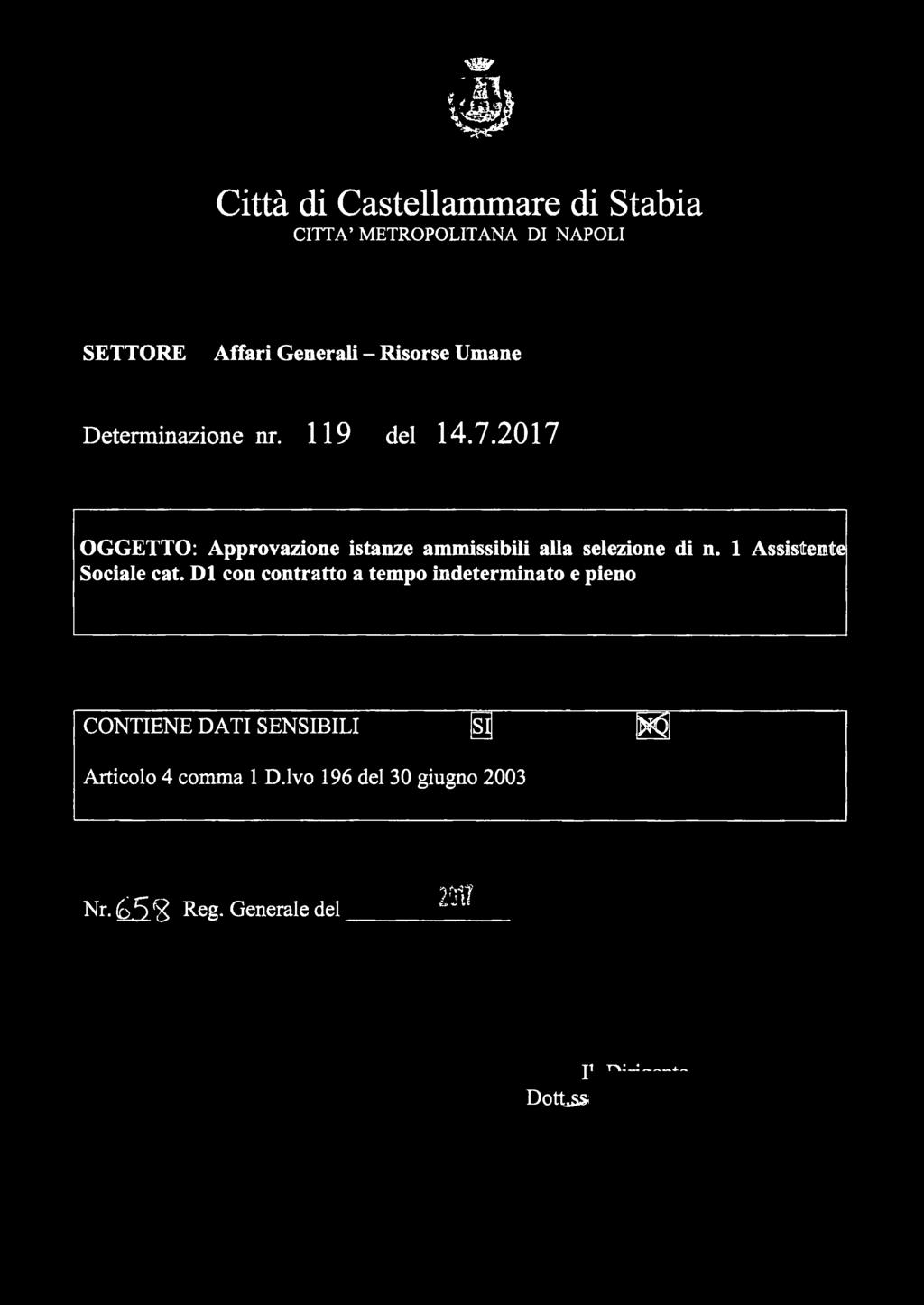 Città di Castellammare di Stabia CITTA' METROPOLITANA DI NAPOLI SETTORE Affari Generali- Risorse Umane