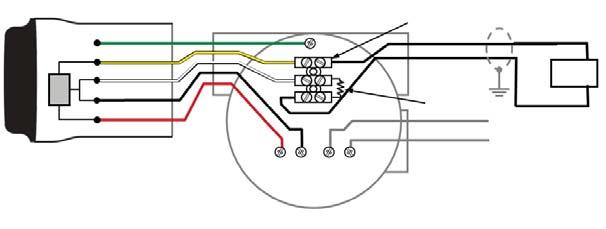 Figura 15. Schema elettrico per montaggio remoto per dispositivo attivo a quattro fili A Verde C + COM - COM Al dispositivo cablato D Circuito 4-20 ma + Circuito 4-20 ma - F A. Adattatore THUM D.